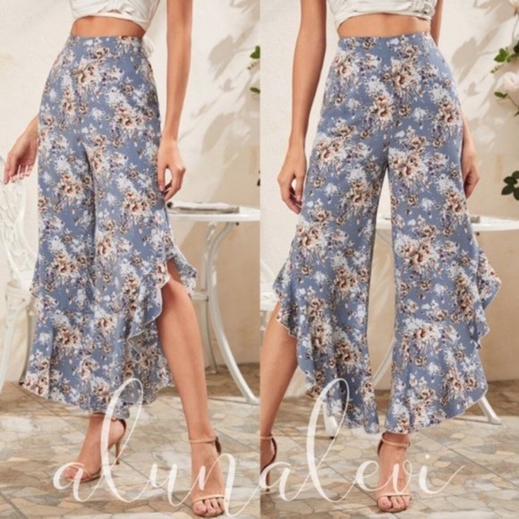 Boho Floral Print dusty blue Ruffle Wide Leg pants - Picture 2 of 3